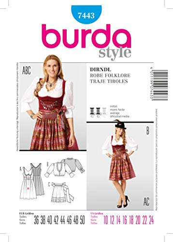 Burda Style Schnittmuster #7443 Damen kurzes Dirndl mit Bluse und Schürze Gr. 36-50