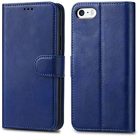 iPhone SE 5 5S Case Premium Leather Flip Wallet Case Cover Pouch For iPhone SE 5 / 5S and Screen Protector With Polishing Cloth And Stylus (Blue)