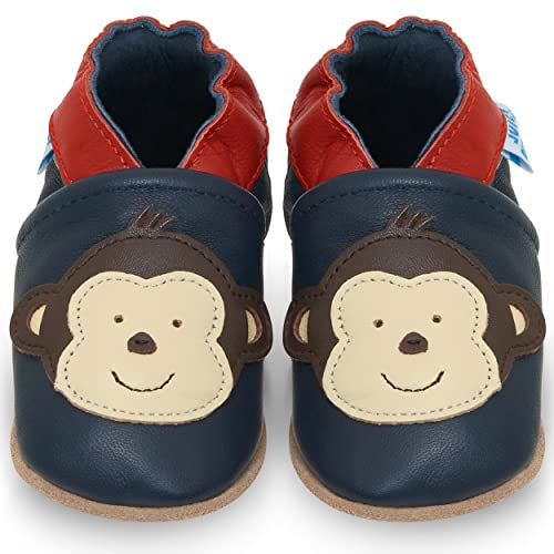 Juicy Bumbles - Weicher Leder Lauflernschuhe Krabbelschuhe Babyhausschuhe mit Wildledersohlen. Junge Mädchen Kleinkind- Gr. 12-18 Monate (Größe 22/23)- Affe