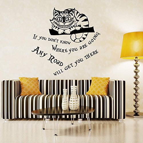 Vinyl Wandtattoo Zitat aus Alice im Wunderland Buch If You Don't Know Where You are Going Any Road Cheshire Cat Cheshire-Katze Edamer-Katze Grinsekatze Innendekor Kunst Wandaufkleber Wandsticker Wanddekoration Dekoration für Schlafzimmer Wohnzimmer Kinderzimmer A308
