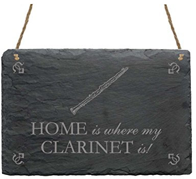 Schiefertafel « HOME IS WHERE MY CLARINET IS » Schild mit Motiv Klarinette - Größe ca. 22 x 16 cm - Dekoschild Dekoration Geschenk - Instrument Musik