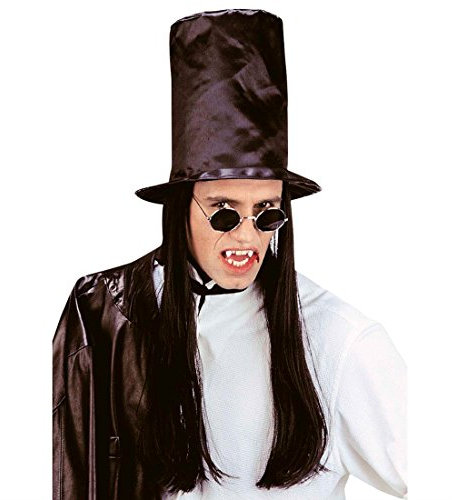 NET TOYS Halloween Vampir Zylinder mit Haaren Vampirzylinder Hut Vampirhut Halloweenhut Halloweenzylinder schwarz