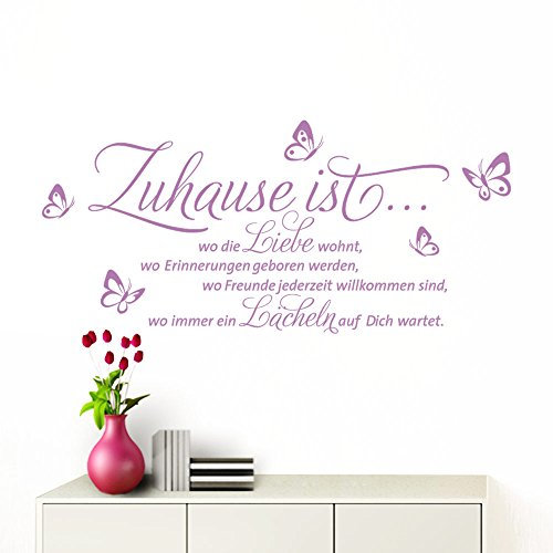 Grandora Wandtattoo Zuhause ist I Flieder (BxH) 100 x 53 cm I Schmetterlinge Wohnzimmer Spruch Aufkleber selbstklebend Wandaufkleber Wandsticker W1133