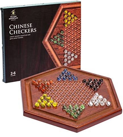 Yellow Mountain Imports Jeu de Dames Chinoises Halma en Bois - 34,5 centimètres - avec Billes de Verre Colorées (16 millimmètres)