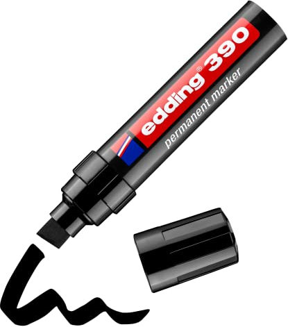 edding 390 Permanentmarker - schwarz - 1 Stift - dicke Keilspitze 4-12 mm - wasserfest, schnell-trocknend - Multimarker, Universalstift - für Karton, Kunststoff, Holz, Metall, Glas, Stein, Leinwand