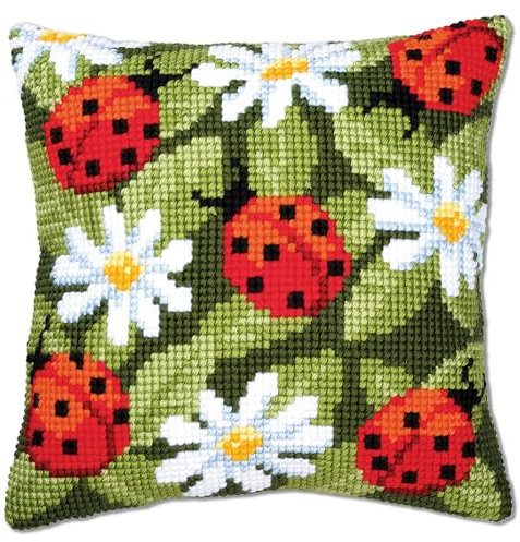 Vervaco Kreuzstich Stickpackungen Kissen Stickerei Set Anfänger Vorgedruckt Marienkäfer DIY Set Kreativ Set Für Erwachsene Dekoratives Kissen ca. 40 x 40 cm Bastelset Handwerker Haus Dekoration