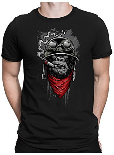 PAPAYANA - Ape of Duty - Herren Fun Print Baumwolle T-Shirt Bedruckt - Regular Fit - Soldat AFFE Zigarre - Schwarz - 4XL