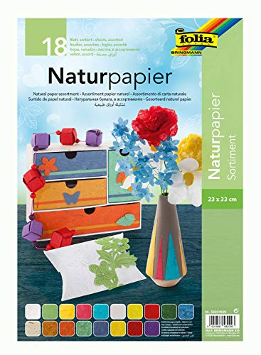 folia 58231809 - Naturpapier Sortimentspack, 18 Blatt, 23 x 33 cm, mit Maulbeerbaumpapier, Faserseide, Blütenpapier, Bananenpapier und Moonrock