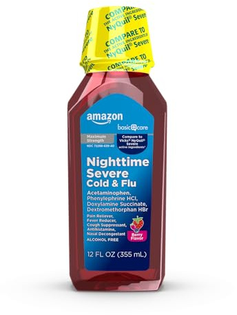 Amazon Basics Nighttime Severe Cold and Flu Syrup, Max Strength, Multi-Symptom Relief for Adults and Children 12 Years and Older, Berry Flavor, 12 fl oz (Previously Care)