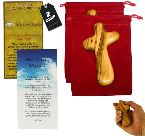 Holy Land Market Comfort/Holding Cross Also Known as Palm or Hand Cross With Velvet Bag And Two Certificates (4 Inches) (2)