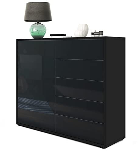 Vladon Sideboard Ben V2, Made in Germany, Kommode mit 1 Tür und 5 Schubladen, Schwarz matt/Schwarz Hochglanz (79 x 74 x 36 cm)