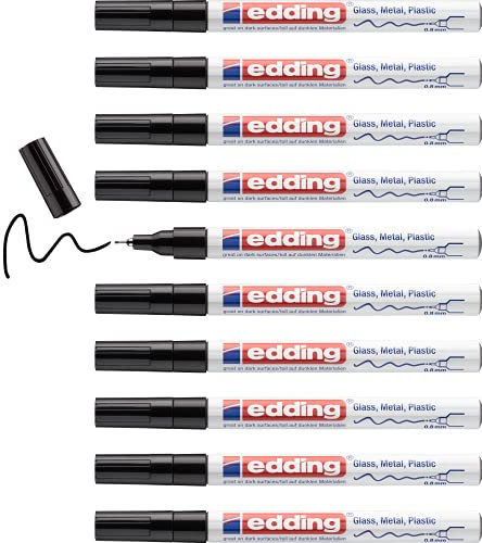 edding 780 gloss paint marker - black - 10 paint markers - extra-fine round tip 0.8 mm - paint pen for glass, pebbles, wood, plastic, paper - waterproof, high coverage
