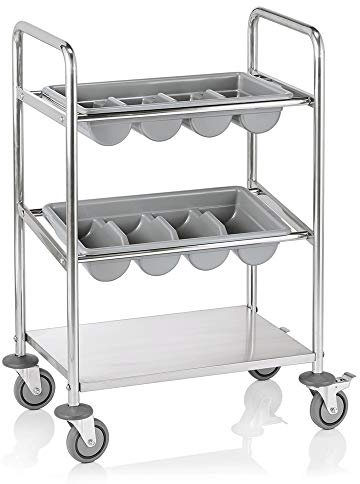 WAS 1518 002 Chromnickelstahl Besteckwagen mit Ablagebord und 2 Haltern inkl. Besteckkästen 1518 104, 4 schwenkbare rollen, davon 2 mit Feststeller, Länge 63cm, Höhe 96cm