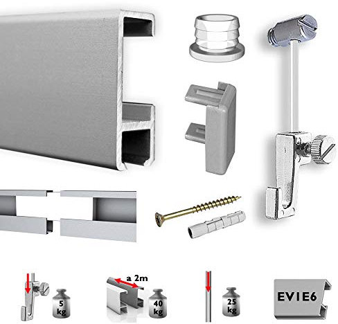 Neumann Bilderrahmen Bilderschienen Set 3 m mit Gleiter, Galerieschienen Set in Silber matt, Aufhängesystem für Bilder inkl. Zubehör