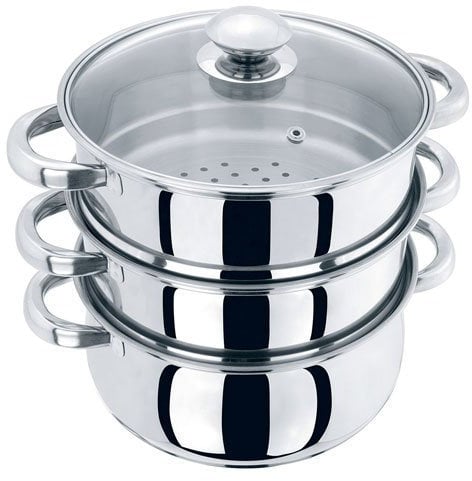 DNY® Large 3 Tier Stainless Steel Multi Food Cook Pot Steamer Glass Lid 24cm