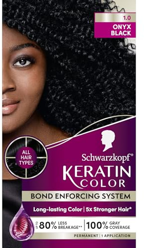 Schwarzkopf Keratin Permanent Hair Dye Cream, 1.0 Black Onyx, Professional Quality Color for Up to 100% Gray Coverage, Bond Enforcing System