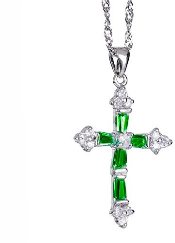 Rizilia Kruzifix Kreuz Anhänger mit 45cm(18) Kette & Trapezschliff Edelstein Zirkonia CZ [Grün Smaragd] in 18K Weißgold Vergoldet, Einfache Moderne Eleganz