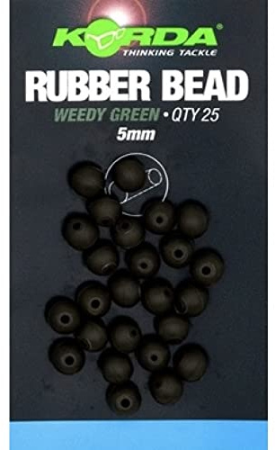 Korda Rubber Beads Weed Green 5mm for Carp Fishing - Soft Rubber, Tapered Bore, Knot Protection, Pack of 25