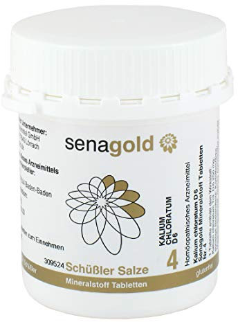 Senagold Schüssler Salze Nr. 4 - Kalium chloratum D6 – Das Salz der Schleimhäute - Gluten- & Alkoholfrei - hergestellt nach Homöopathischem Arzneibuch in Deutschland - 400 Tabletten Schüssler Salze 4