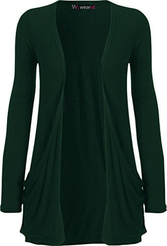 WearAll - Ladies Long Sleeve Pocket Cardigan Womens Top - Bottle Green 12-14