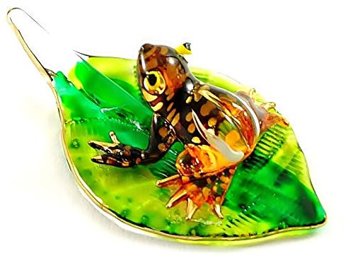 Mini grenouille orange faite à la main avec feuille Art verre soufflé Animal Figurine n ° 1 - Modèle Y2016
