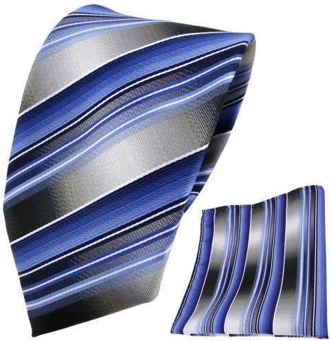 TigerTie Designer Krawatte Designer Einstecktuch in blau hellblau silber anthrazit grau gestreift
