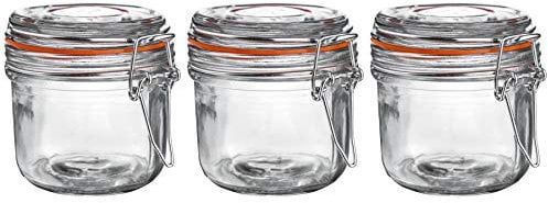 Argon Tableware Glass Jars with Airtight Metal Clip Lid - 200ml/6.7oz - 3 Pack - 4 Colour Seals - Small Kitchen Storage Container Round Preserving Jar for Pickling, Chutney, Jam, Coffee