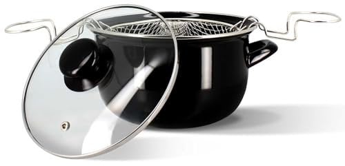 MENASTYL - Friteuse 26cm en acier émaillé noir et bord chrome - Fournie avec couvercle et panier, pour des frites maison délicieuses - 3645580