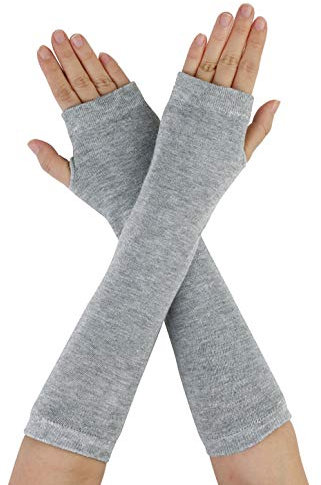 sourcing map Damen Winterwärmer Fingerlose Daumenloch Elastische Lange Gestrickte Party Kostüm Handschuhe Hellgrau One Size