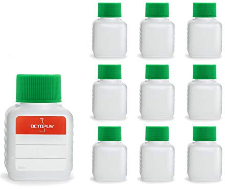 Octopus Bouteilles en Plastique 10 x 50 ML, Bouteilles en Plastique PE-HD avec Bouchon à vis de Vert, Bouteilles vides avec Bouchons à vis Vert, Bouteilles carrées. Dix étiquettes incluses.
