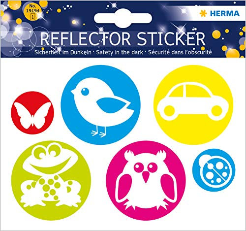 HERMA 19194 Reflektor Aufkleber Tiere bunt, 6 Stück, selbstklebende Kinder Reflektor Sticker für Fahrrad Helm Schulranzen Rollator Auto Koffer Kinderzimmer, Motiv Leuchtaufkleber Leuchtsticker Set