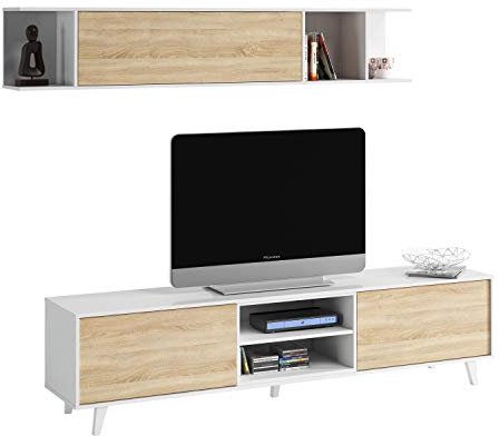 Mueble de salón, Comedor, Módulo TV + Estante, Modelo Zaiken Plus, Color Blanco Brillo y Roble Canadian, Medidas: 180 cm (Ancho) x 51 (Alto) x 41 cm (Fondo)