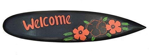 Surfboard Welcome 100 cm mit Blumen Motiv Surfbrett Wanddeko Holzschild Wandbehang aus Holz