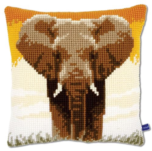 Vervaco Kreuzstich Stickpackungen Kissen Stickerei Set Anfänger Vorgedruckt Elefant in der Savanne I DIY Set Kreativ Set Für Erwachseneca. 40 x 40 cm Bastelset Handwerker Haus Dekoration