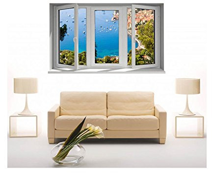 Stickers trompe l'oeil fenêtre La côte d'azur - L 150cm x H 90cm