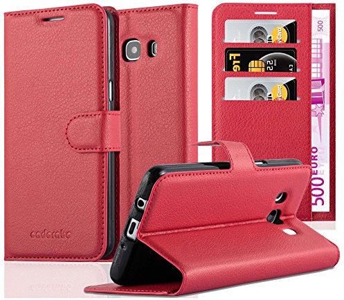 Cadorabo Hülle kompatibel mit Samsung Galaxy J5 2016 Handyhülle aus Kunst Leder Flip Klappbare Stoßfeste Magnetische [Standfunktion] [Kartenfächern] Cover Hülle für Galaxy J5 2016 Tasche in Rot