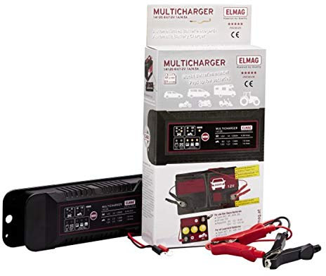 ELMAG MULTICHARGER 14120 | Automatisches Batterieladegerät 6/12 V | 1–4,5 A | für Auto, Motorrad, Boot | IP65 | automatischer Modusspeicher | inkl. Kabel-Set
