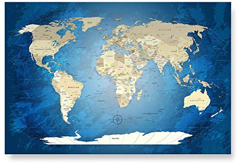 LANA KK – Weltkarte Glasbild „Worldmap Blue Ocean” edler Glas-Kunstdruck hinter 4 mm starkem geschliffenem Glas in blau, einteilig in 120x80cm