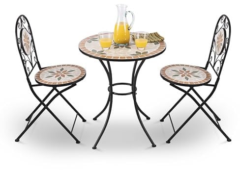 Alpine Corporation Indoor/Outdoor 3-Piece Mosaic Bistro Set Folding Table and Chairs Patio Seating, Tan