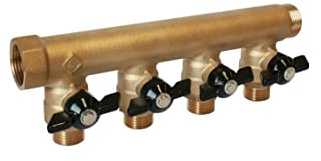 Collecteur M/F A 3/4 D 1/2 avec mini-vannes/A: F 20X27(3/4) - D: M 15X21(1/2)/4 Départs