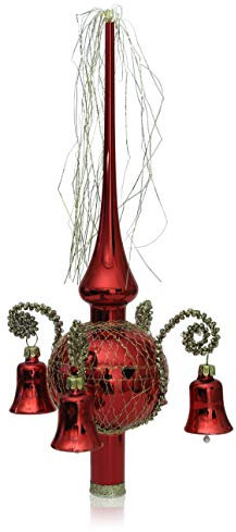 Lauschaer Glas Weihnachtsbaumspitze mit Glöckchen rot Glanz, umsponnen L ca. 28cm d(Kugel) 7cm Christbaumschmuckspitze mundgeblasen,handdekoriert,Leonischer Draht