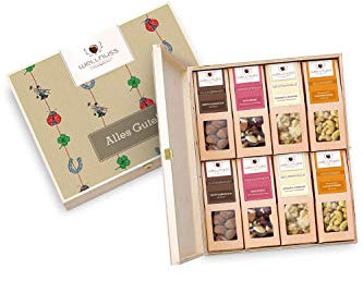WELLNUSS,Alles Gute“ Gourmet Geburtstagsgeschenk I Feinkost Geschenkset zum Geburtstag für Frauen & Männer I In hochwertiger Birkenholzbox I 8 außergewöhnliche Nussmischungen & Schokoladen-Snacks