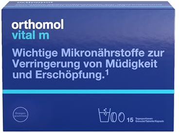 Orthomol Vital m für Männer - bei Müdigkeit - mit B-Vitaminen und Omega-3-Fettsäuren - Granulat/Tabletten/Kapseln à 15 x Tagesportionen - Orangen-Geschmack