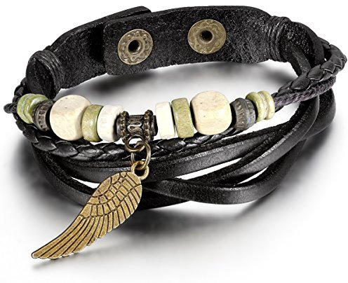 JewelryWe Schmuck Armband, Leder Legierung Holz, Retro Engelsflügel Beads Kugeln Geflochten Armreif Lederarmband Partnerarmband, für Damen und Herren, Schwarz
