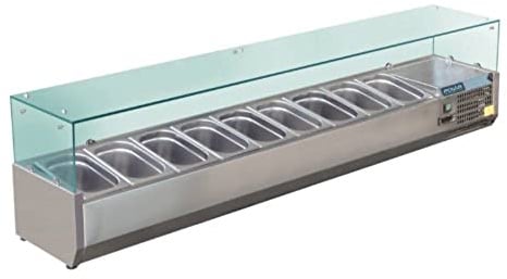 Polar Refrigeration G-Series 230W Countertop Food Prep Fridge with Glass Surround, Stainless Steel, 2°C to 8°C, 435(H)x2000(W)x395(D)mm, Capacity: 9x 1/3 Gastronorm Pans (Sold Separately), GD878