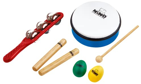 Nino Percussion NINOSET3 Sortiment Set (7-teilig) für Kindergärten, Krippen, Schulen/Musiktherapie inkl. Jingle Stick, Wooden Claves, Egg Shaker, ABS Hand Drum