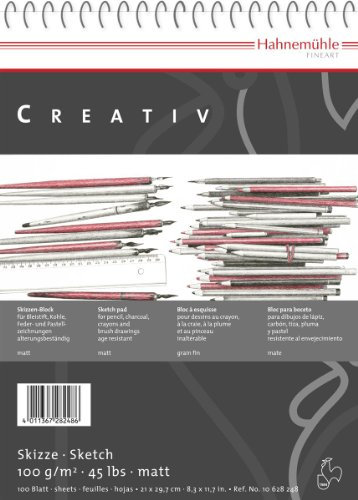 Hahnemühle Creativ Skizzenblock, mattes Zeichenpapier mit 100 g/m², naturweiß, 100 Blatt, DIN A4, spiralisiert