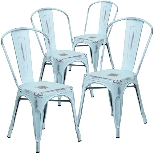 Flash Furniture Blake Stapelstuhl aus Metall, für drinnen und draußen, 4 Stück, Used-Look, Grün/Blau