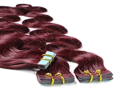 hair2heart Tape Extensions Echthaar Gewellt - 10 Tapes 2.5g 50cm Burgundy