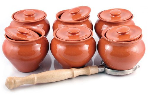 Stoneware Ramekins with Lids (Set of 6) & 1 Oven Fork - 16.9 fl oz (500 ml) - Clay Pots for Cooking, Dutch Oven Pot With Lid, Cooking Pot, Earthenware Pot, Stockpot with Lid, Earthenware Rice Pots